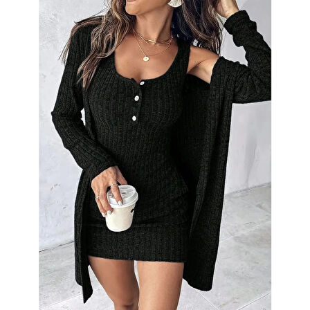 Lucky Life Kadın Askılı Yuvarlak Yakalı önü Düğmeli şardonlu Kaşkorse Mini Elbise Ve Kısa Ceket