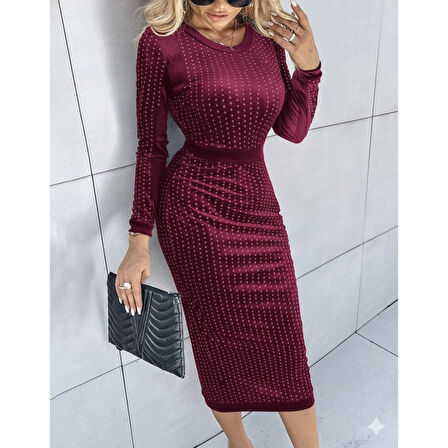 Lucky Life Kadın Uzun Kollu Bisiklet Yaka Taşlı Midi Kadife Elbise