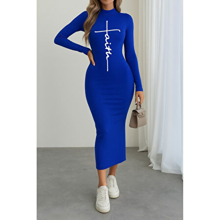 Lucky Life Kadın Uzun Kollu Boğazlı Baskı Detaylı Viskon Tam Boy Elbise