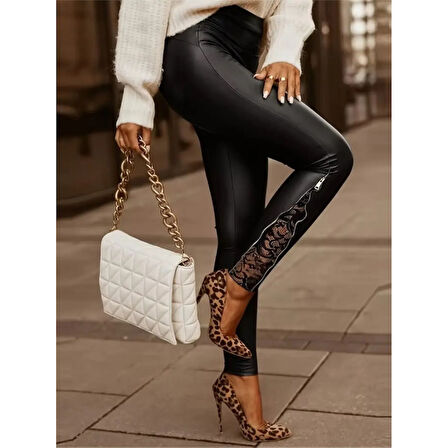 Lucky Life Kadın Yüksek Bel Yandan Yırtmaçlı Dantel Detaylı Deri Tayt