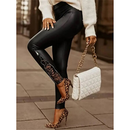 Lucky Life Kadın Yüksek Bel Yandan Yırtmaçlı Dantel Detaylı Deri Tayt