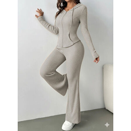 Lucky Life Kadın Uzun Kollu Kapşonlu önden Fermuarlı Kaşkorse Bluz Ve Pantolon Ikili Takım