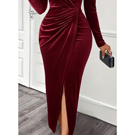 Lucky Life Kadın Uzun Kollu Kruvaze Yaka önünden çapraz Detaylı Uzun Kadife Elbise