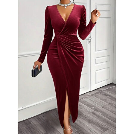 Lucky Life Kadın Uzun Kollu Kruvaze Yaka önünden çapraz Detaylı Uzun Kadife Elbise