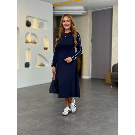 Lucky Life Kadın Uzun Kollu Bisiklet Yaka Midi Modal Elbise