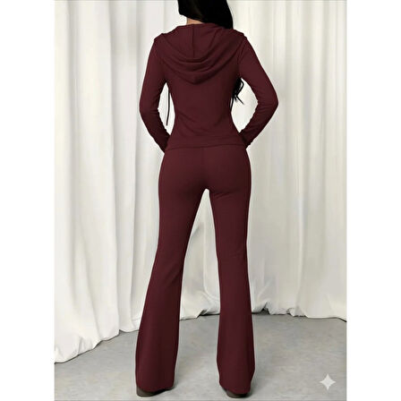 Lucky Life Kadın Uzun Kollu Kapşonlu Bağcıklı önü Fermuarlı Viskon Iki Iplik Bluz Ve Pantolon Ikili Takım