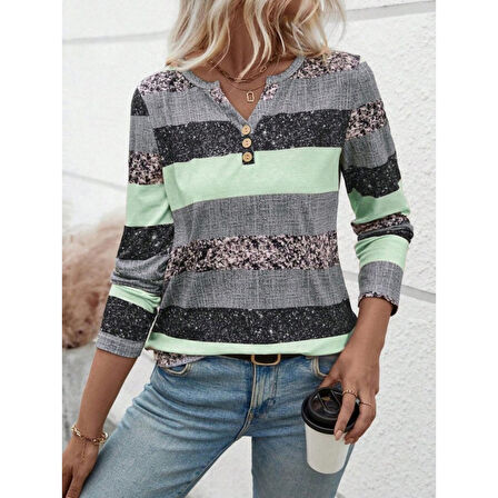 Lucky Life Kadın Uzun Kollu Yakadan Düğmeli çizgili Desenli Süprem Bluz