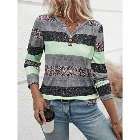 Lucky Life Kadın Uzun Kollu Yakadan Düğmeli çizgili Desenli Süprem Bluz