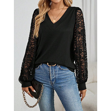 Lucky Life Kadın Uzun Kollu V Yakalı Dantelli Viskon Iki Iplik Bluz