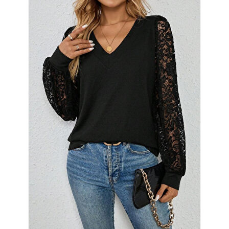 Lucky Life Kadın Uzun Kollu V Yakalı Dantelli Viskon Iki Iplik Bluz