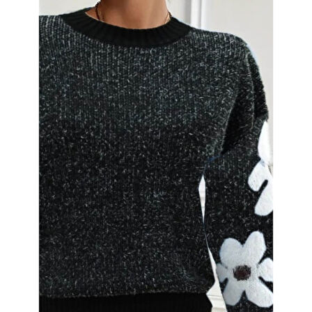 Lucky Life Kadın Uzun Kollu Bisiklet Yaka çiçek Desenli Triko Bluz