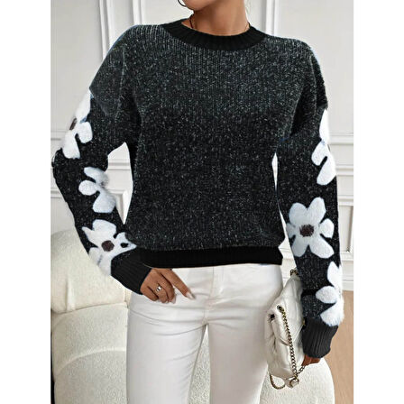 Lucky Life Kadın Uzun Kollu Bisiklet Yaka çiçek Desenli Triko Bluz