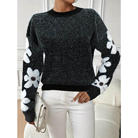 Lucky Life Kadın Uzun Kollu Bisiklet Yaka çiçek Desenli Triko Bluz