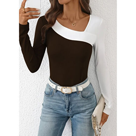 Lucky Life Kadın Uzun Kollu Geometrik Yaka Detaylı çift Renkli Viskon Bluz