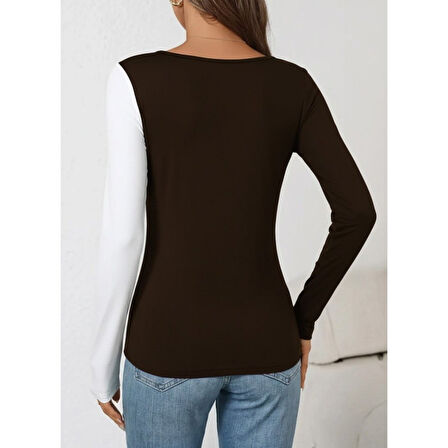 Lucky Life Kadın Uzun Kollu Geometrik Yaka Detaylı çift Renkli Viskon Bluz