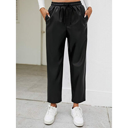 Lucky Life Kadın Yüksel Bel Bağcıklı Deri Pantolon