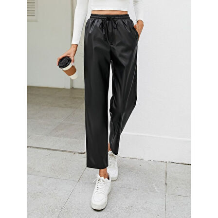 Lucky Life Kadın Yüksel Bel Bağcıklı Deri Pantolon