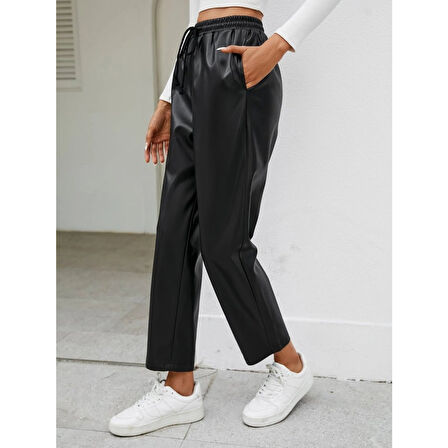 Lucky Life Kadın Yüksel Bel Bağcıklı Deri Pantolon