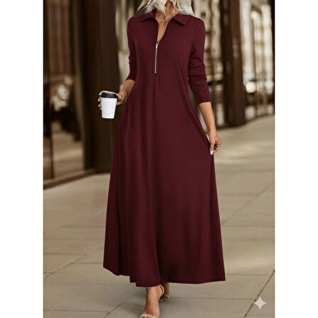 Lucky Life Kadın Uzun Kollu Yakalı önden Fermuarlı Uzun Viskon Iki Iplik Elbise