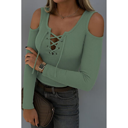 Lucky Life Kadın Omuzlardan Açık Uzun Kollu Bağcıklı Kaşkorse Bluz