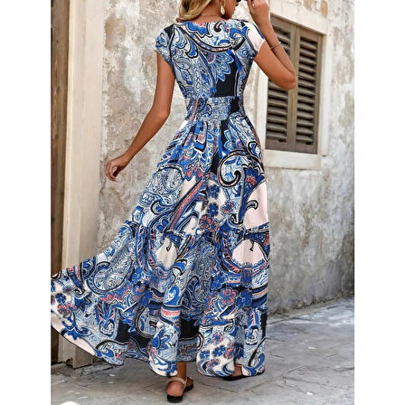 Lucky Life Kadın Kısa Yarasa Kanat Kollu V Yakalı Beli Büzgülü Süprem Elbise