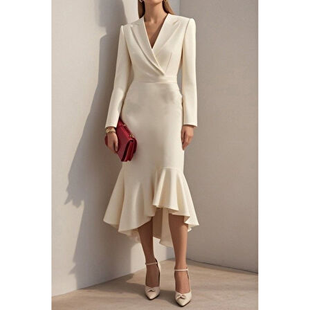 Lucky Life Kadın Uzun Kollu Yakalı Belden Oturtmalı Midi Ithal Krep Elbise