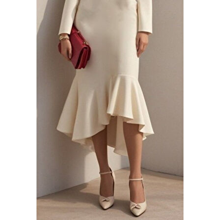 Lucky Life Kadın Uzun Kollu Yakalı Belden Oturtmalı Midi Ithal Krep Elbise