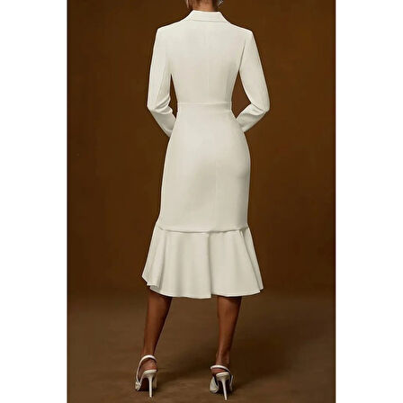 Lucky Life Kadın Uzun Kollu Yakalı Belden Oturtmalı Midi Ithal Krep Elbise