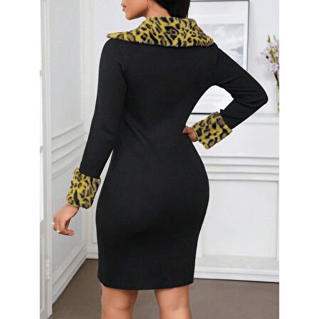 Lucky Life Kadın Uzun Kollu V Yakalı Kürk Detaylı Kaşkorse Elbise