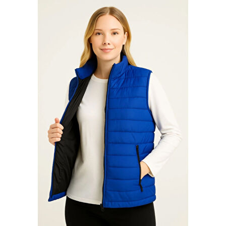 Lucky Life Kadın Şişme FermuarlıYelek Su Itici Kapitone Astarlı Kumaş Cepli Hafif Kışlık Spor Rahat Kalıp - Saks Mavisi