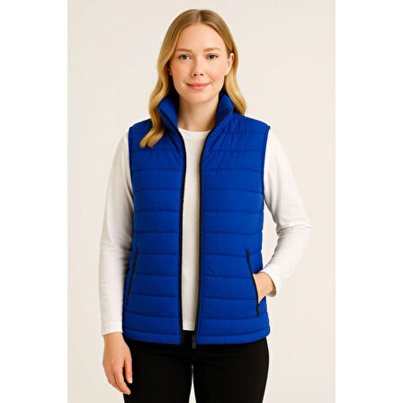 Lucky Life Kadın Şişme FermuarlıYelek Su Itici Kapitone Astarlı Kumaş Cepli Hafif Kışlık Spor Rahat Kalıp - Saks Mavisi