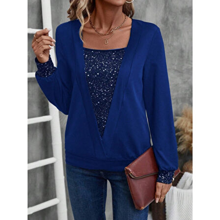 Lucky Life Kadın Uzun Kollu V Yakalı Içi Süprem Desenli Dışı Viskon Bluz