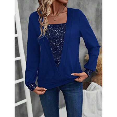 Lucky Life Kadın Uzun Kollu V Yakalı Içi Süprem Desenli Dışı Viskon Bluz