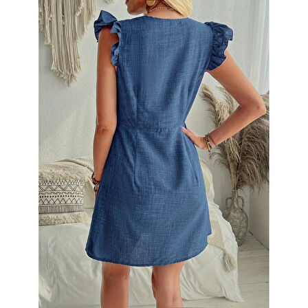 Lucky Life Kadın Fırfır Kollu V Yakalı Düğmeli Keten Elbise