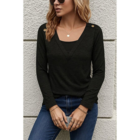 Lucky Life Kadın Uzun Kollu V Yaka Düğme Detaylı Yumoş Bluz