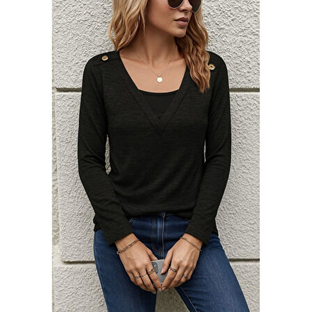 Lucky Life Kadın Uzun Kollu V Yaka Düğme Detaylı Yumoş Bluz