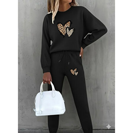 Lucky Life Kadın Uzun Kollu Bisiklet Yaka Kalp Desenli şardonlu üç Iplik Bluz Ve Pantolon Ikili Takım