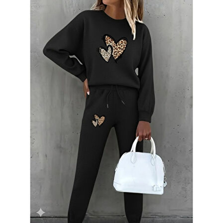 Lucky Life Kadın Uzun Kollu Bisiklet Yaka Kalp Desenli şardonlu üç Iplik Bluz Ve Pantolon Ikili Takım