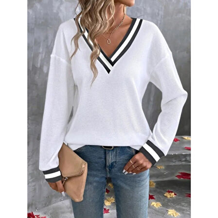 Lucky Life Kadın Uzun Kollu V Yakalı Waffle Bluz