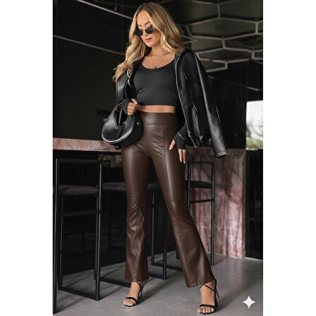 Lucky Life Kadın Yüksek Bel Paçaya Doğru Geniş Deri Pantolon