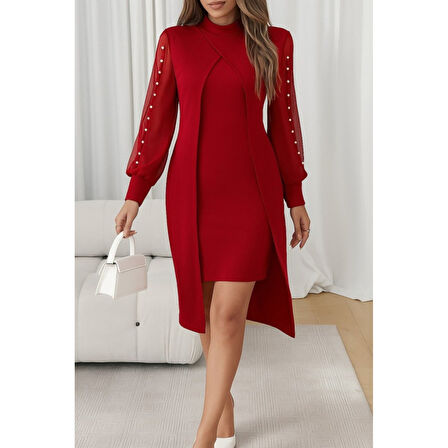 Lucky Life Kadın Uzun Kollu Yarı Balıkçı Yaka Tül Ve Inci Detaylı Kısa Ithal Krep Midi Elbise