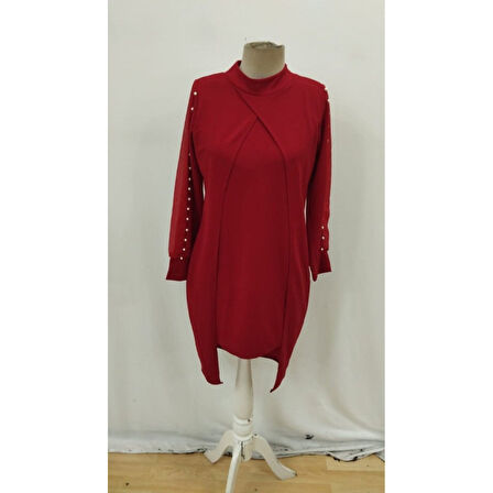 Lucky Life Kadın Uzun Kollu Yarı Balıkçı Yaka Tül Ve Inci Detaylı Kısa Ithal Krep Midi Elbise