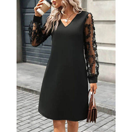 Lucky Life Kadın Uzun Kollu V Yakalı Tüllü Kısa Ithal Krep Mini Elbise