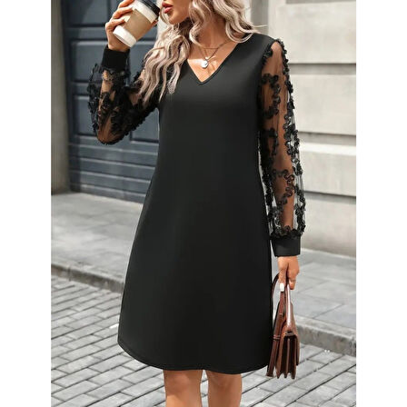 Lucky Life Kadın Uzun Kollu V Yakalı Tüllü Kısa Ithal Krep Mini Elbise