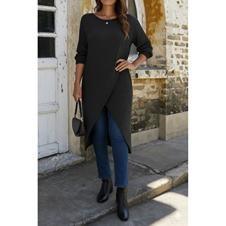 Lucky Life Kadın Uzun Kollu Bisiklet Yakalı önden çapraz Kesim Detaylı Midi Triko Elbise