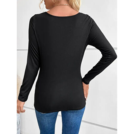 Lucky Life Kadın Uzun Kollu Derin Degaje Yakalı Taşlı Sandy Bluz