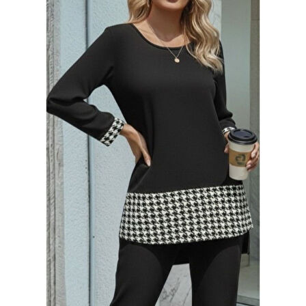 Lucky Life Kadın Uzun Kollu Yuvarlak Yakalı Kaz Ayağı Detaylı Viskon Iki Iplik Bluz Ve Pantolon Ikili Takım