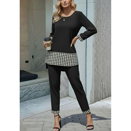 Lucky Life Kadın Uzun Kollu Yuvarlak Yakalı Kaz Ayağı Detaylı Viskon Iki Iplik Bluz Ve Pantolon Ikili Takım