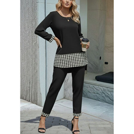 Lucky Life Kadın Uzun Kollu Yuvarlak Yakalı Kaz Ayağı Detaylı Viskon Iki Iplik Bluz Ve Pantolon Ikili Takım