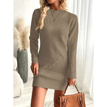 Lucky Life Kadın  Uzun Kollu Yuvarlak Yaka Mini Triko Elbise